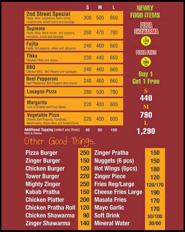 2nd Street Pizza & Fast Food menu