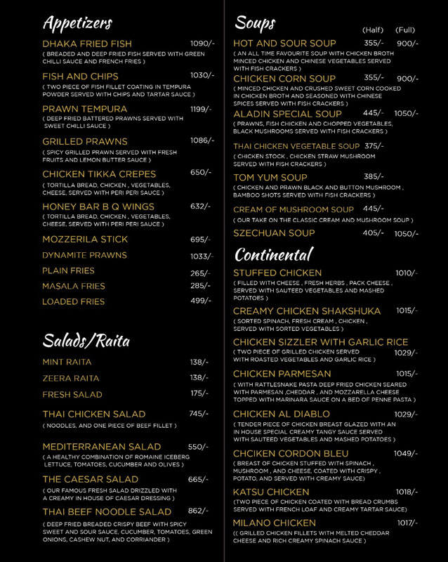 Aladdin lounge menu