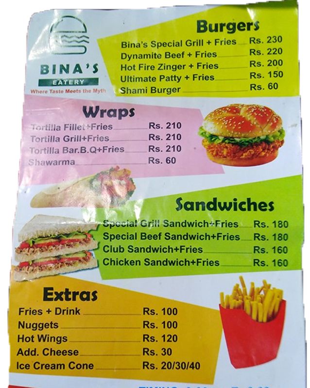 Bina's Eatery menu