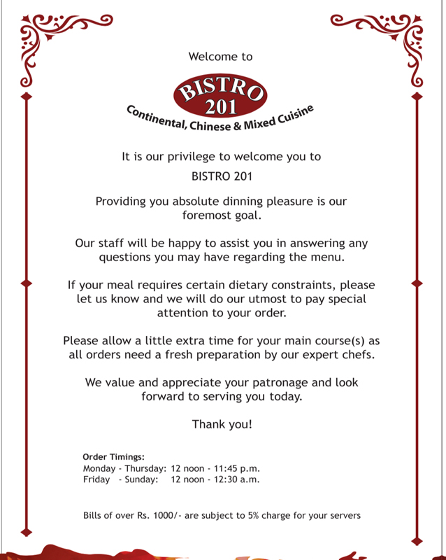 Bistro 201 menu