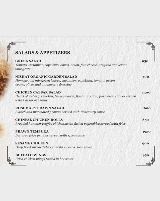 Bistro Emporium Restaurant – The Nishat Hotel menu