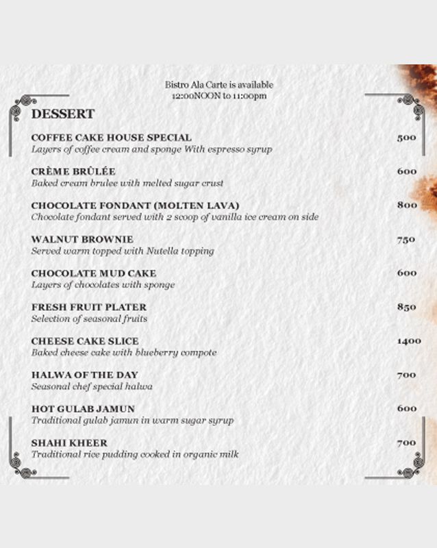 Bistro Emporium Restaurant – The Nishat Hotel menu