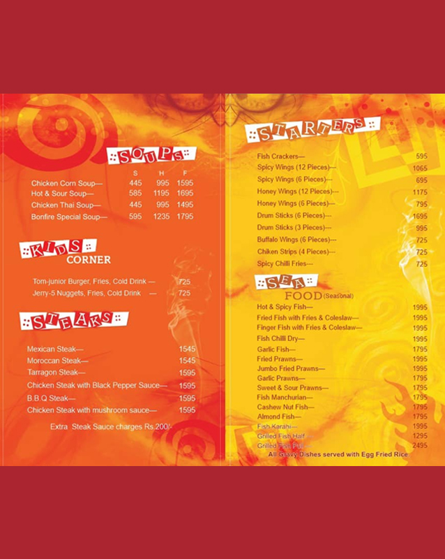 Bonfire Lahore menu