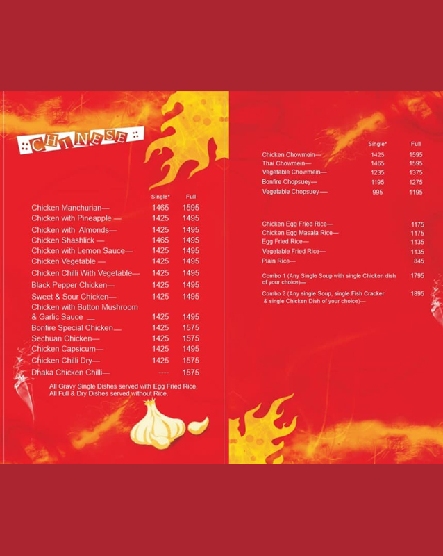 Bonfire Lahore menu