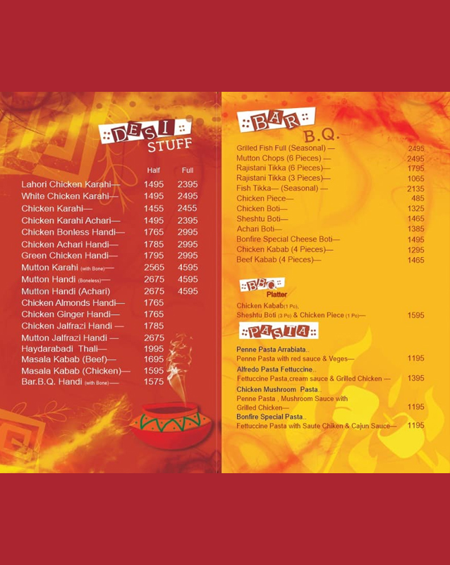 Bonfire Lahore menu