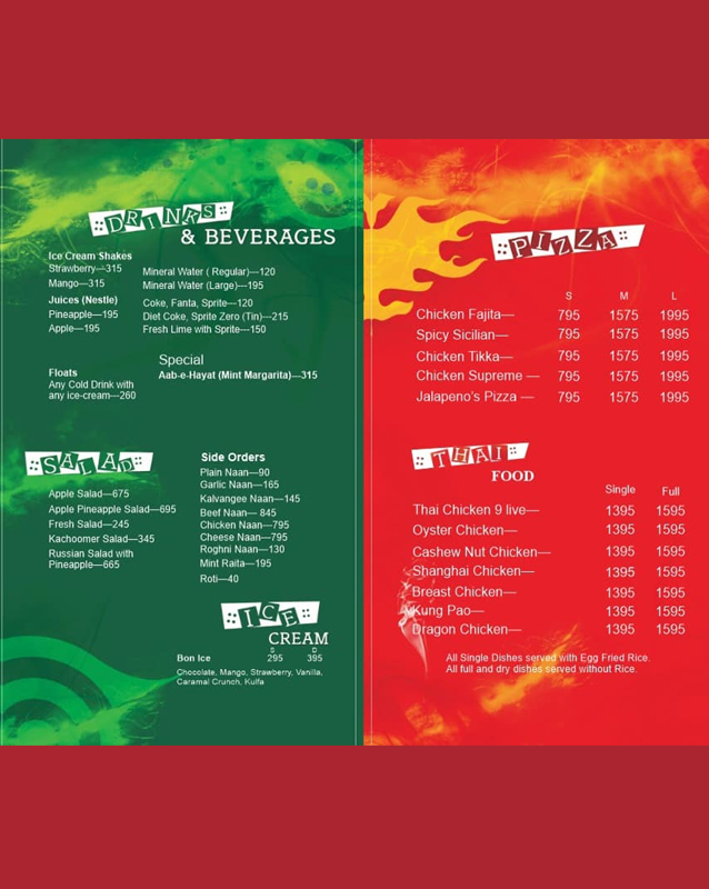 Bonfire Lahore menu