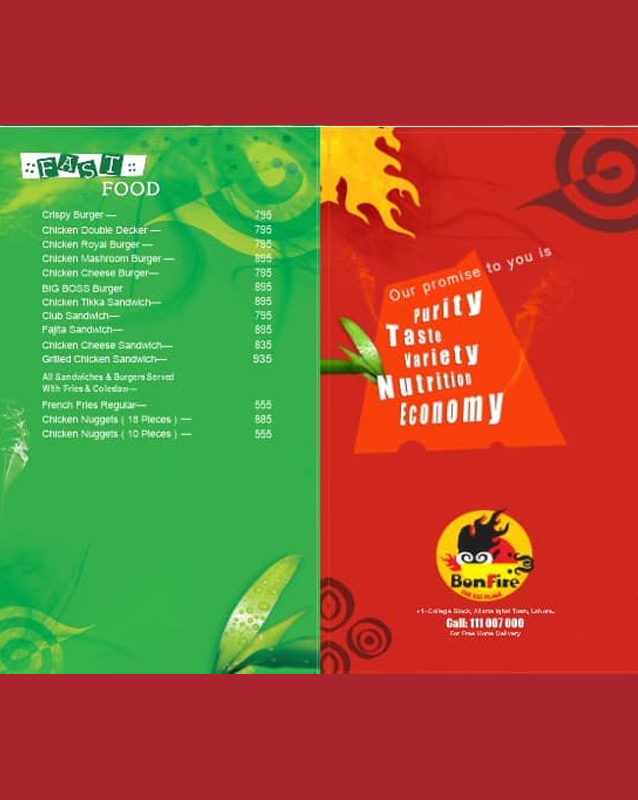 Bonfire Lahore menu