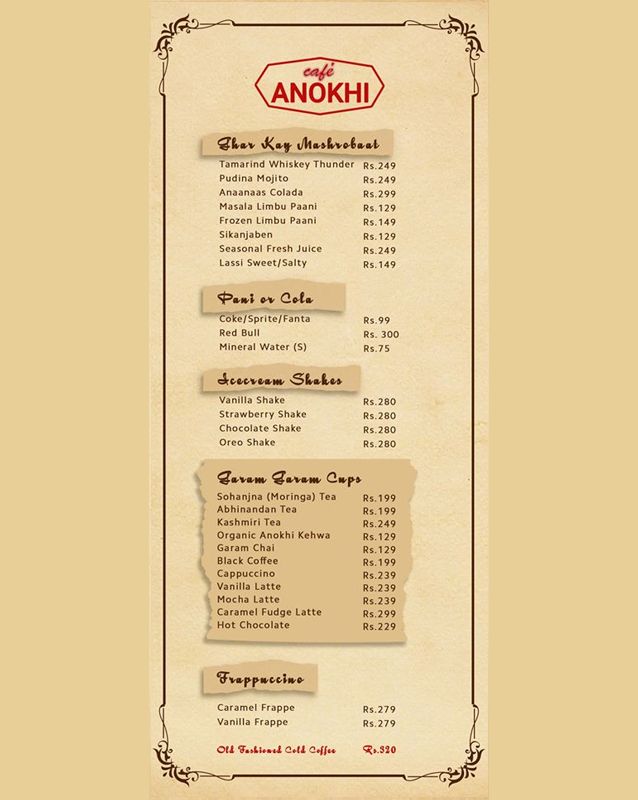 Cafe Anokhi menu