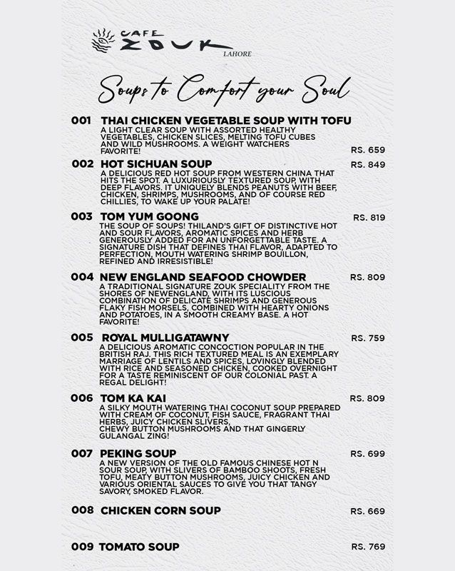 Cafe Zouk menu