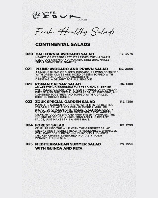Cafe Zouk menu