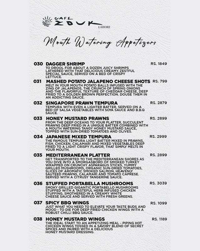 Cafe Zouk menu