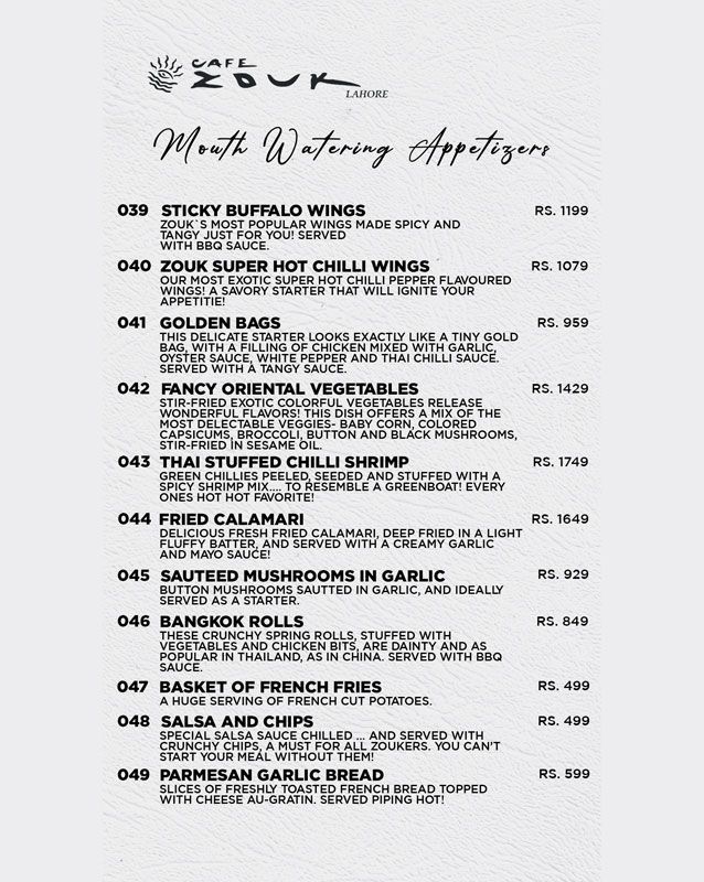 Cafe Zouk menu