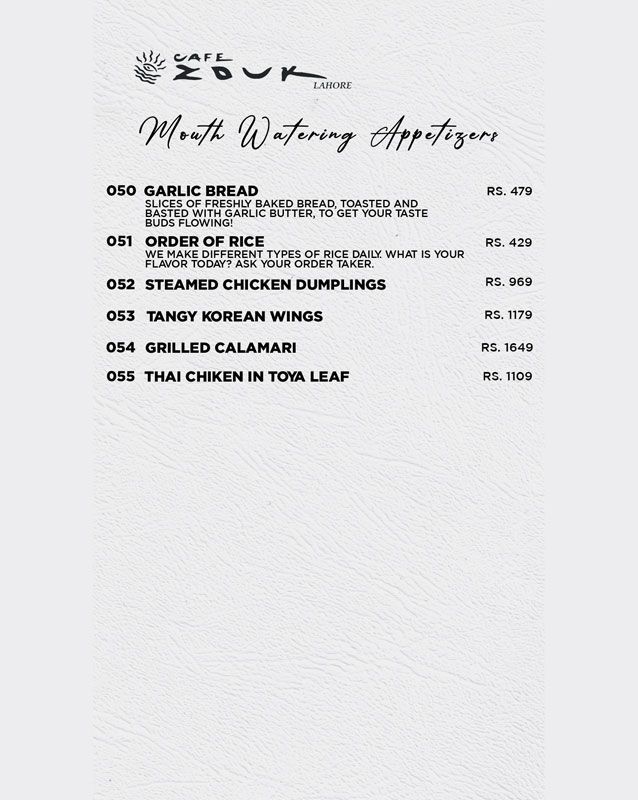 Cafe Zouk menu