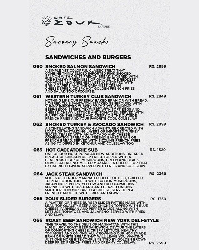 Cafe Zouk menu