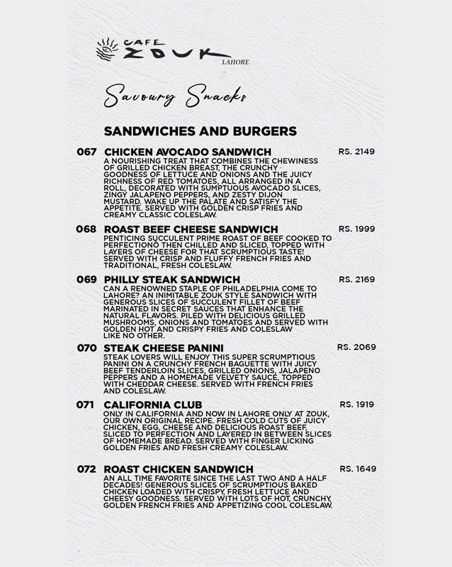 Cafe Zouk menu