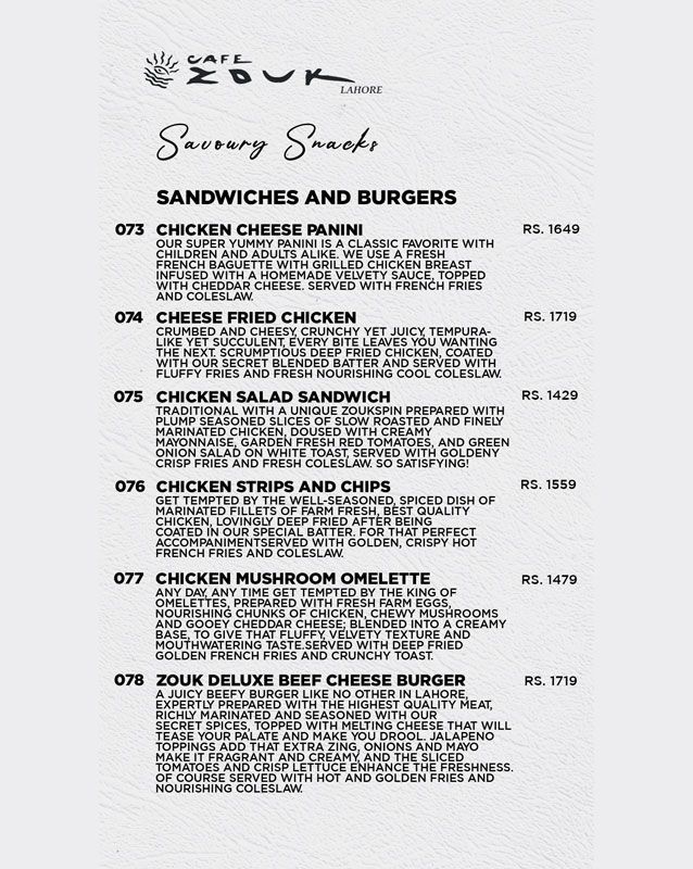 Cafe Zouk menu