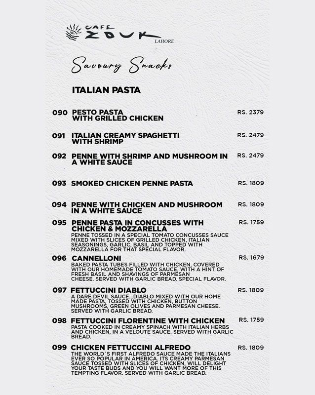 Cafe Zouk menu