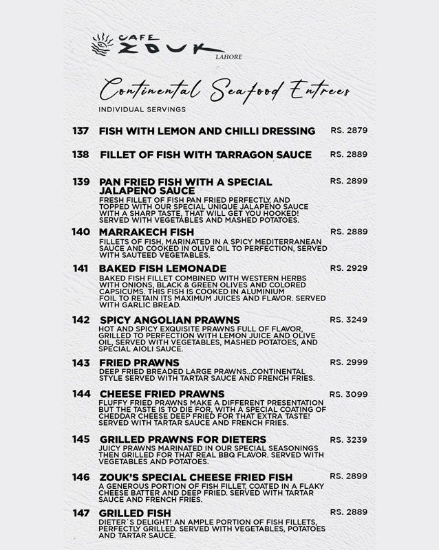 Cafe Zouk menu