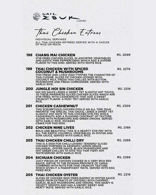 Cafe Zouk menu