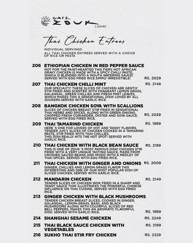 Cafe Zouk menu