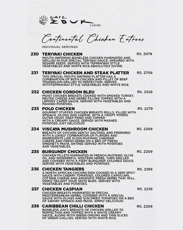 Cafe Zouk menu