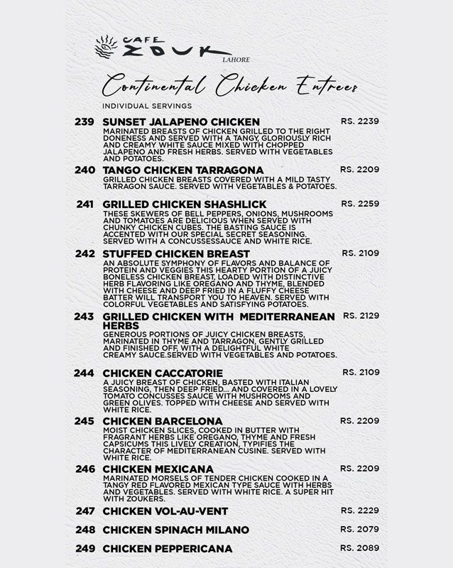 Cafe Zouk menu