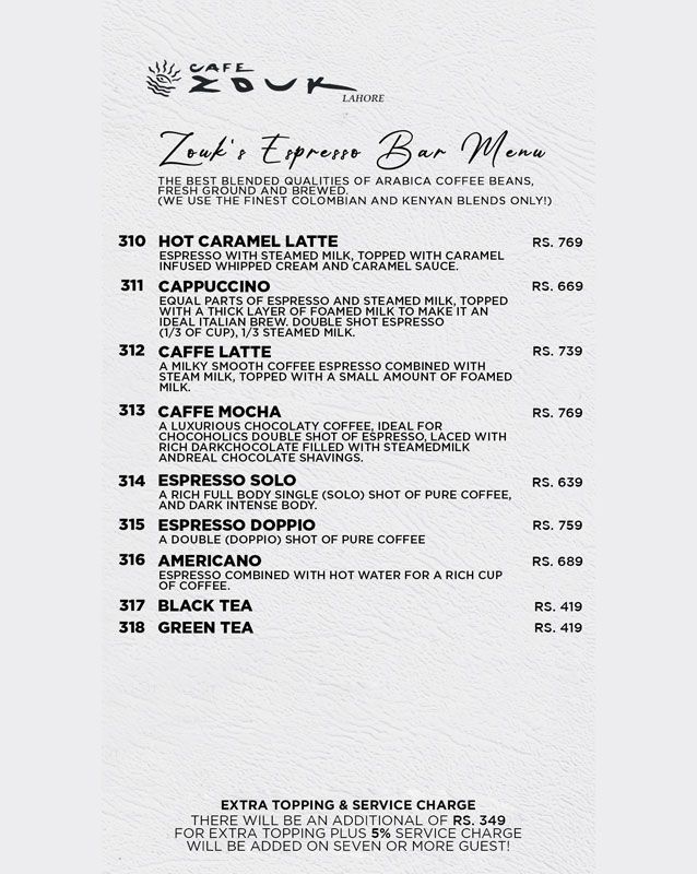 Cafe Zouk menu