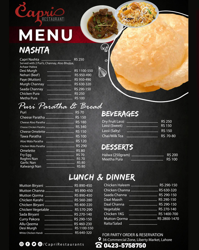 Capri Restaurant menu