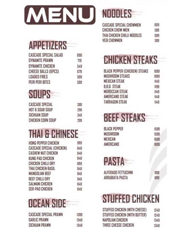 Cascade Cafe & Restaurant menu
