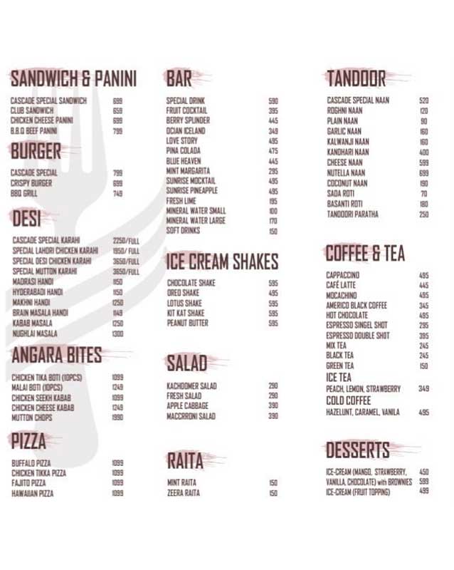 Cascade Cafe & Restaurant menu