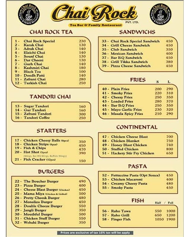 Chai Rock menu