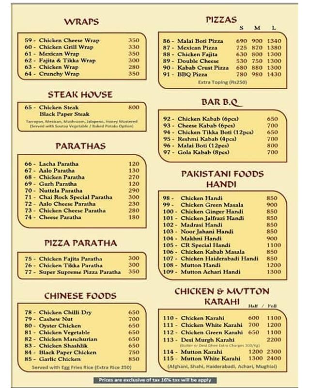 Chai Rock menu