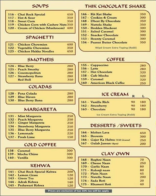 Chai Rock menu