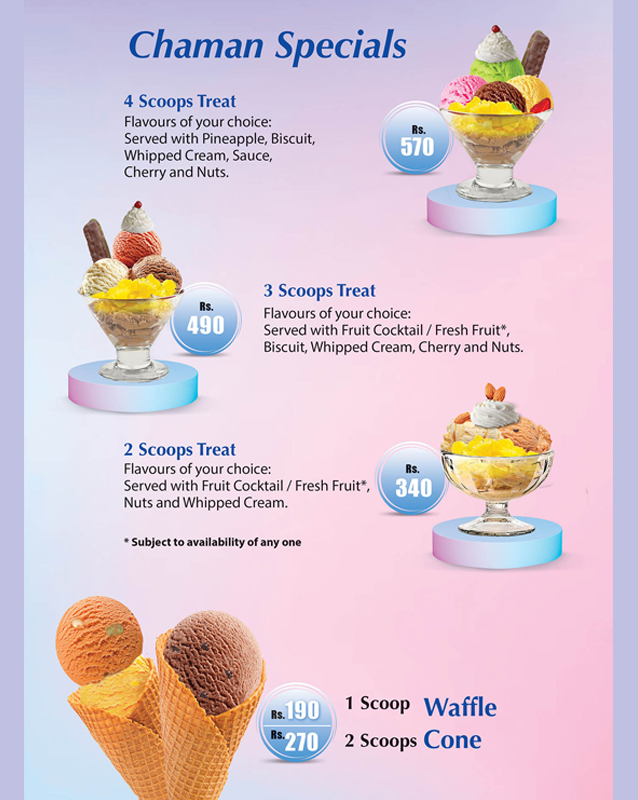 Chaman Ice Cream menu