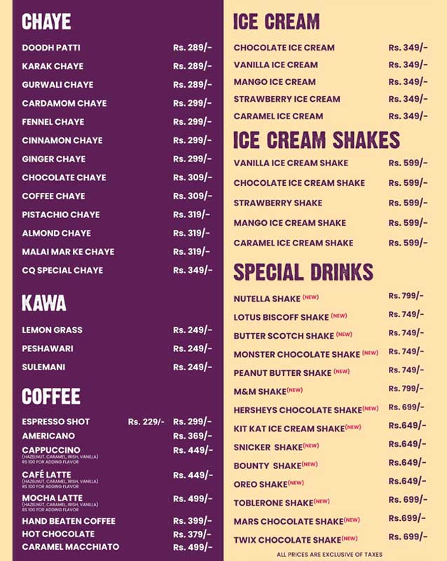 Chaye Qawali menu