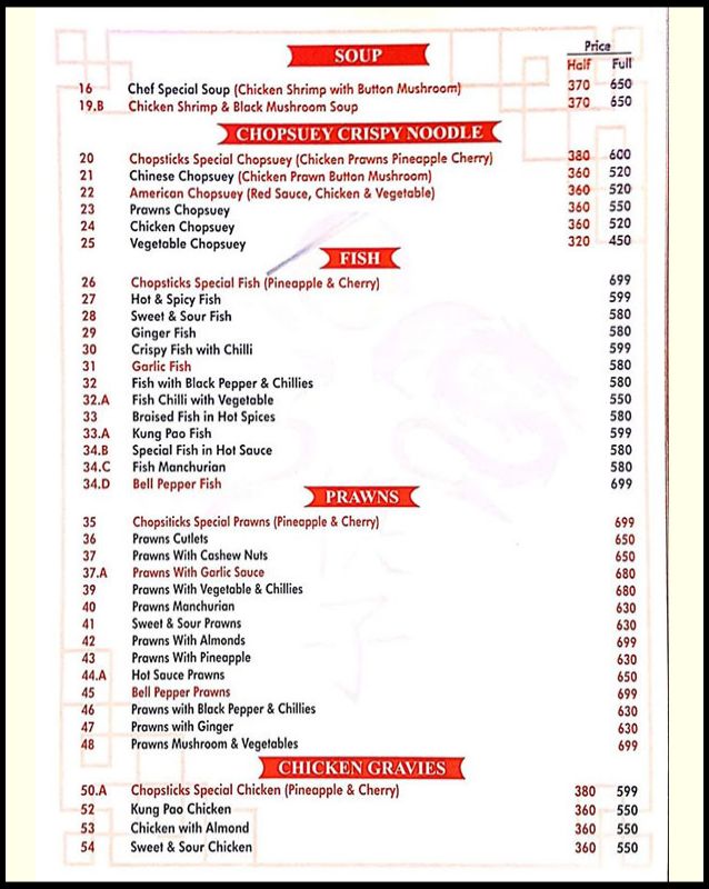 Chopsticks menu