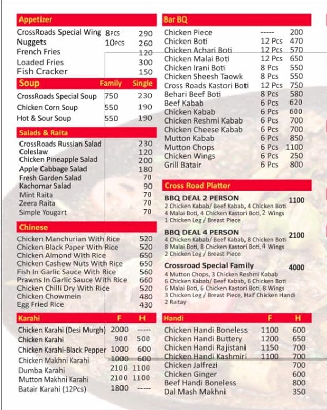 CrossRoad Grill menu