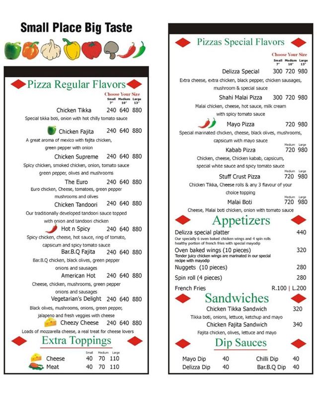 Delizza menu