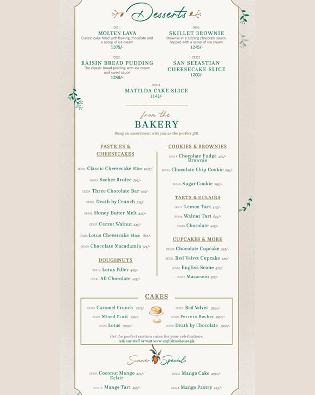 English Tea House menu