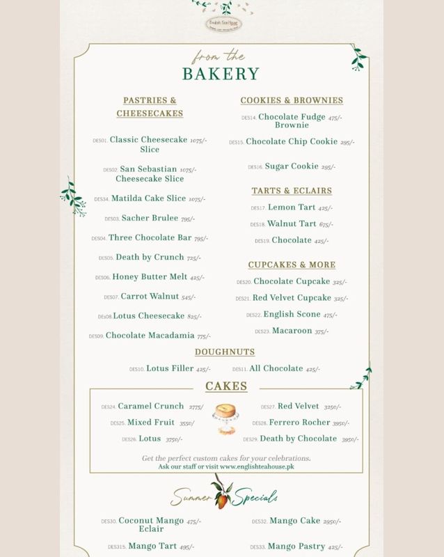 English Tea House menu