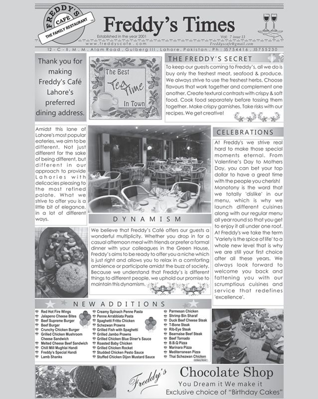 Freddy's Cafe menu