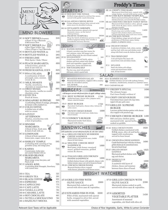 Freddy's Cafe menu