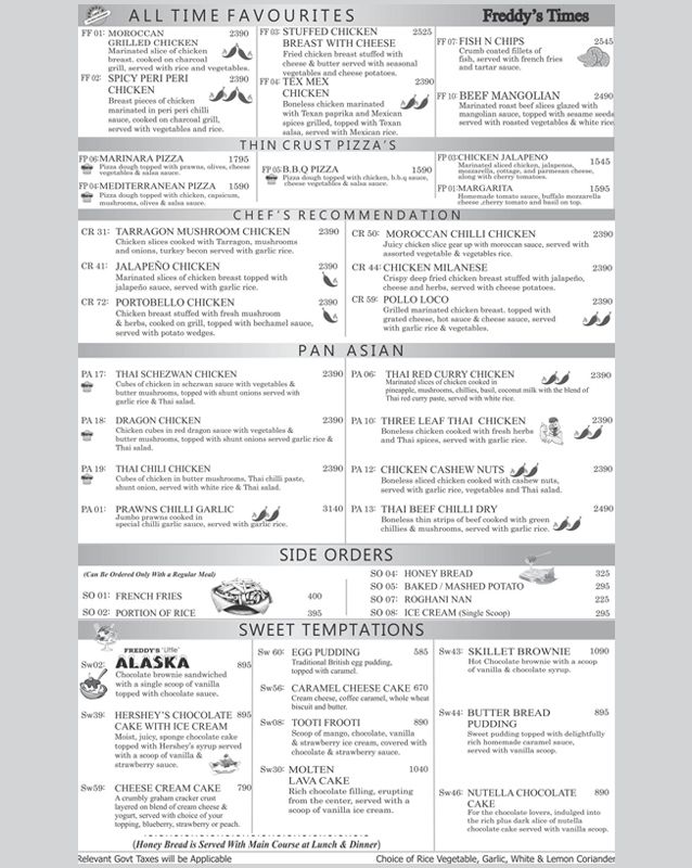 Freddy's Cafe menu