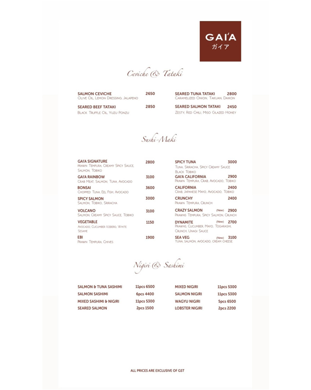 Gaia Japanese Fusion menu