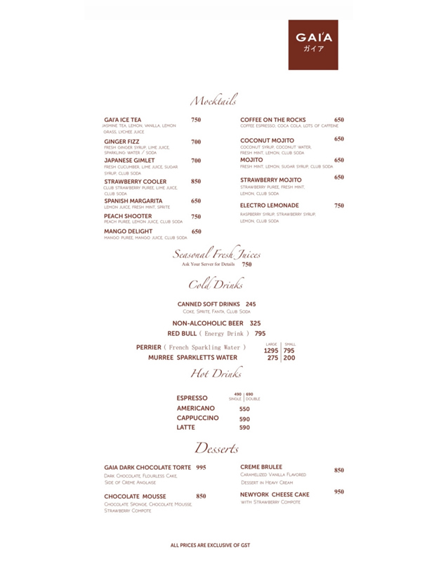 Gaia Japanese Fusion menu