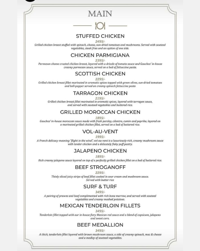 Gauchos Steak House menu