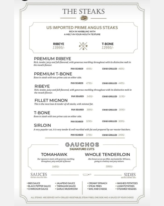 Gauchos Steak House menu