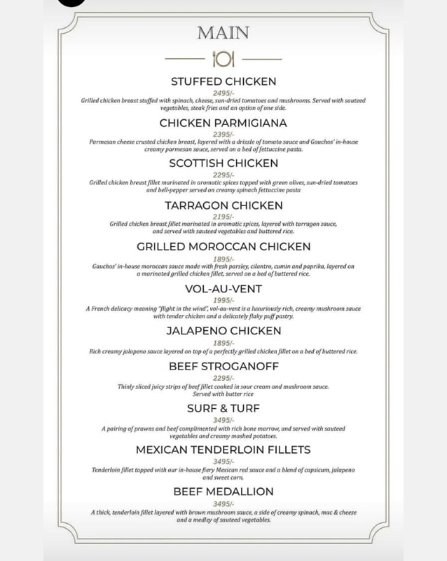 Gauchos Steak House menu