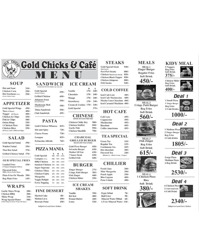 Gold Chicks & Cafe menu