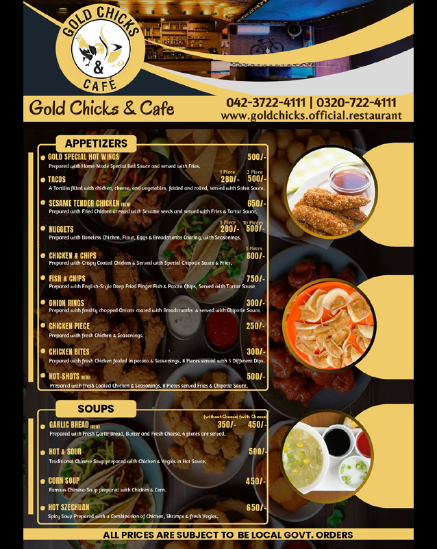 Gold Chicks & Cafe menu